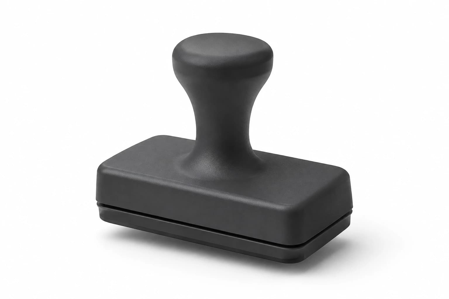 A floating matte black inspection stamp on white, representing a software license audit.