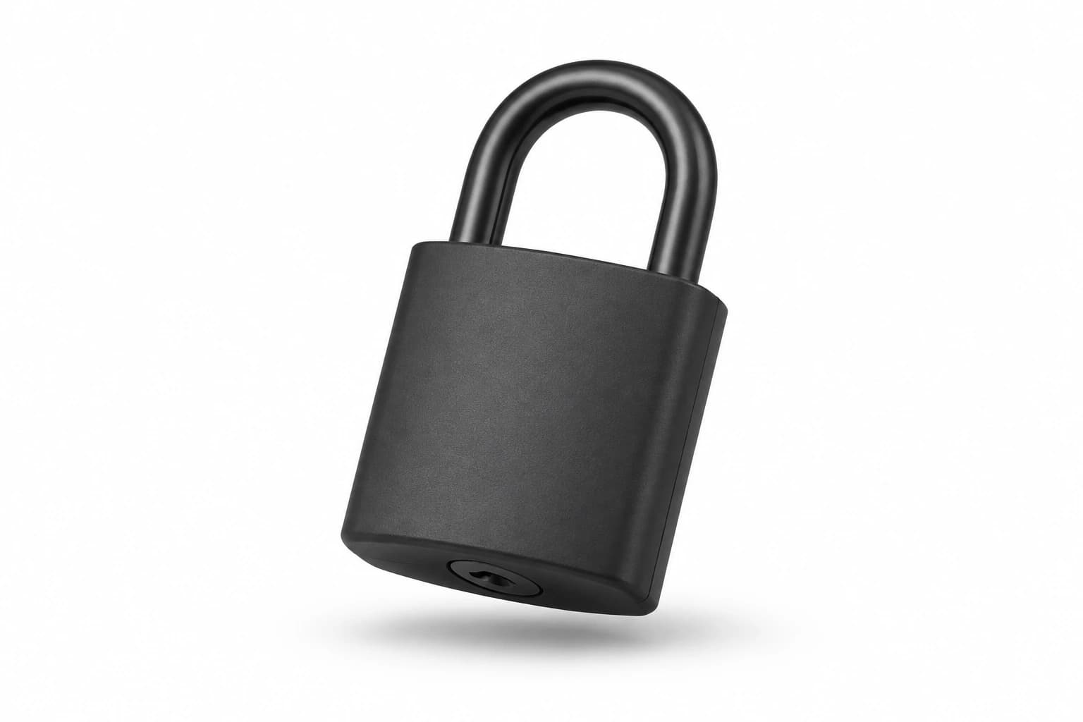 A floating matte black padlock on white, representing committed obligations.