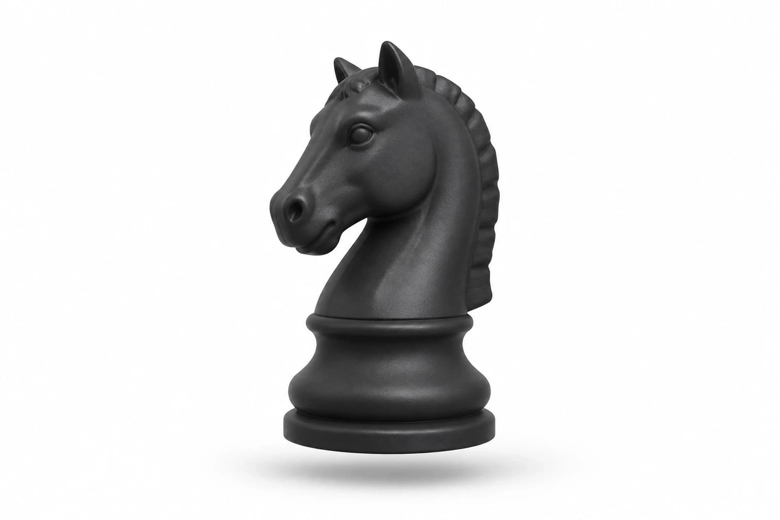 A floating matte black chess knight on white, representing negotiation strategy.