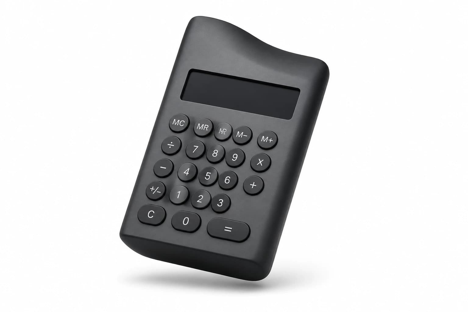 A floating matte charcoal calculator on white, representing cloud spend analysis.