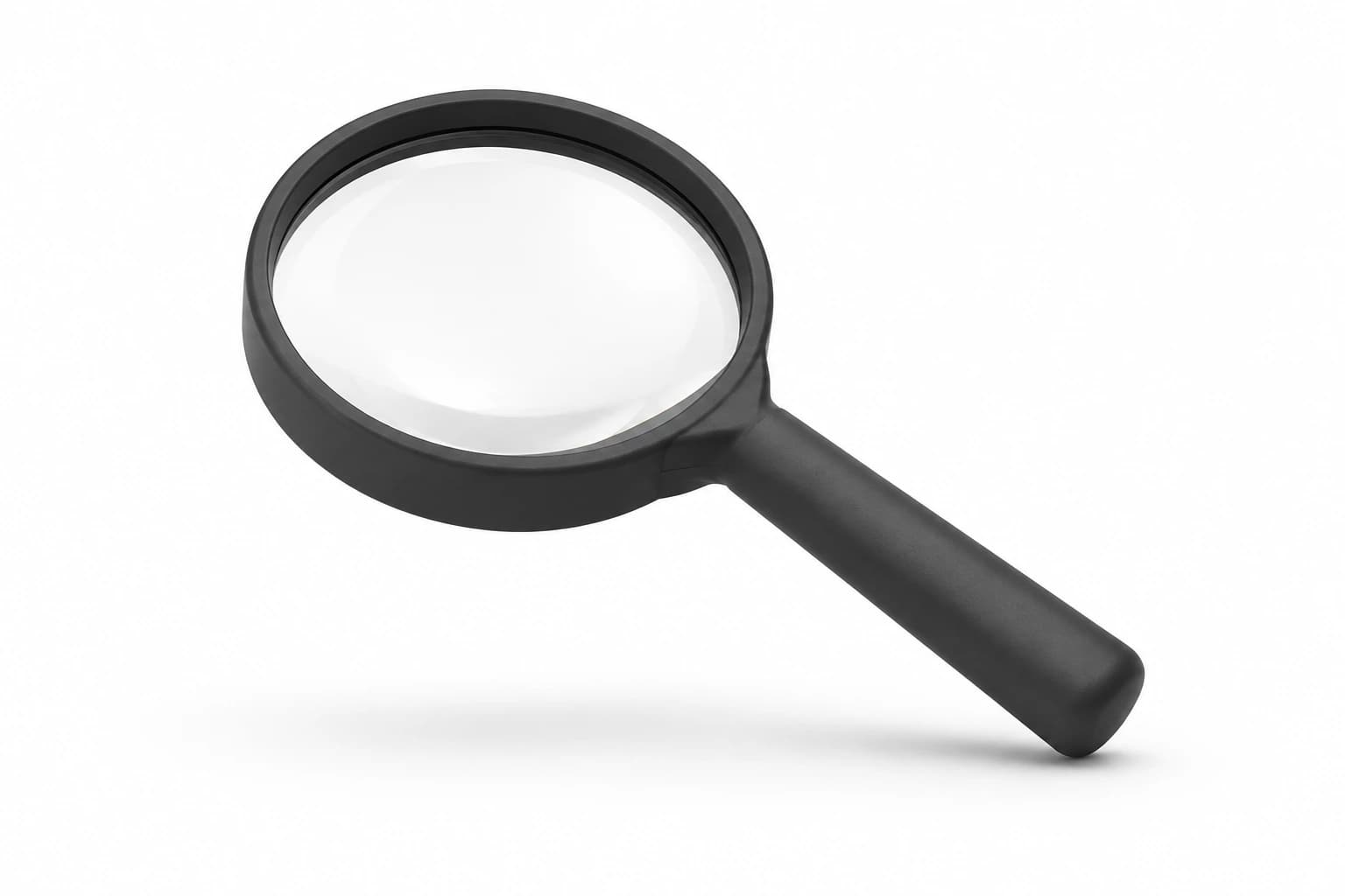 A floating matte black magnifying glass on white, representing outcome verification.