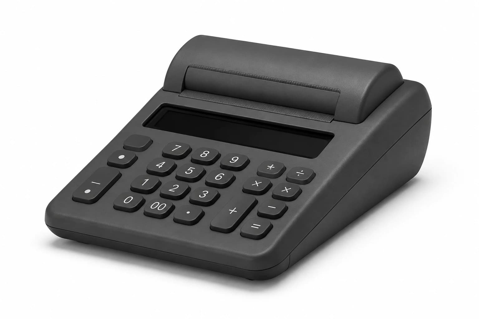 A floating matte black adding machine on white, representing cost estimates.