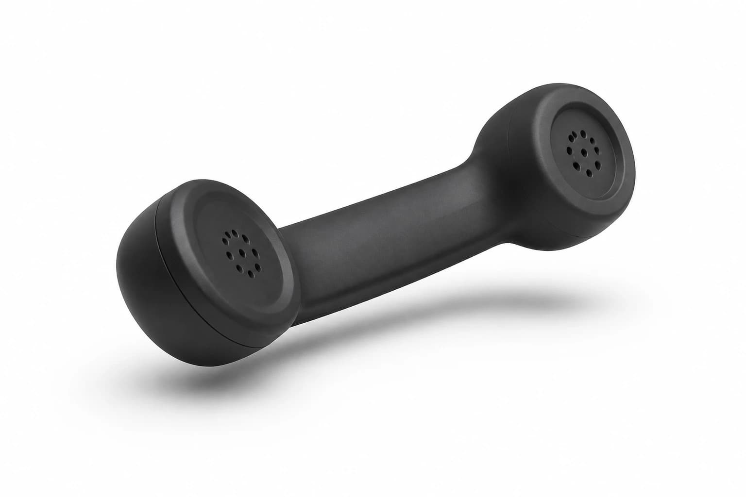 A floating matte black telephone receiver on white, representing a conversation.