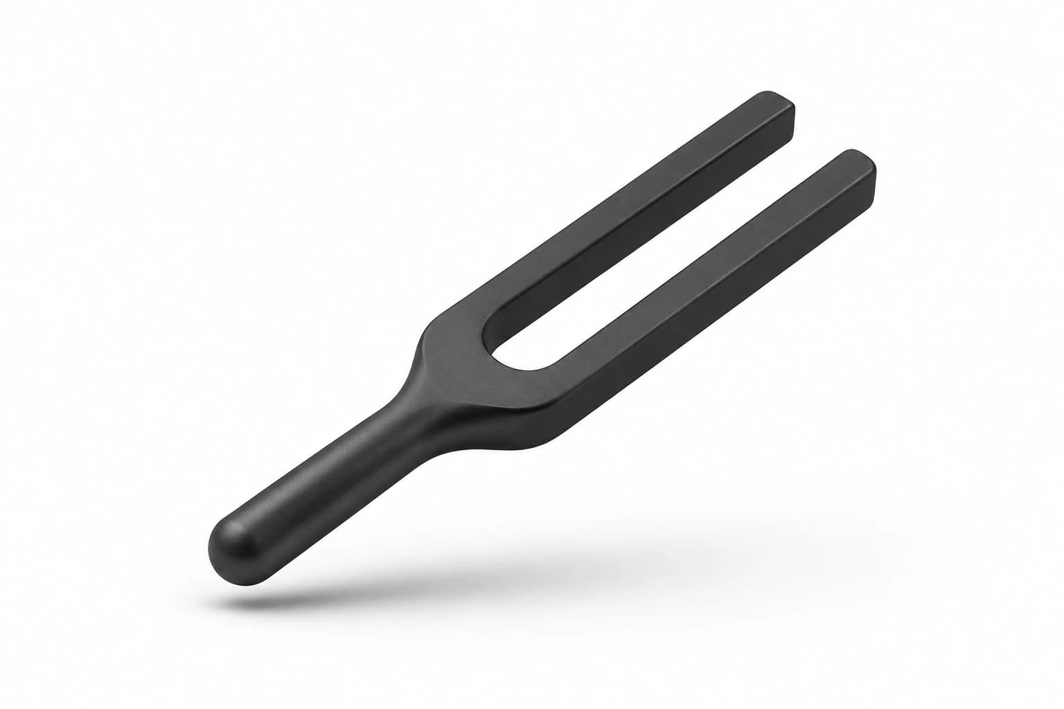 A floating matte black tuning fork on white, representing seat optimization.