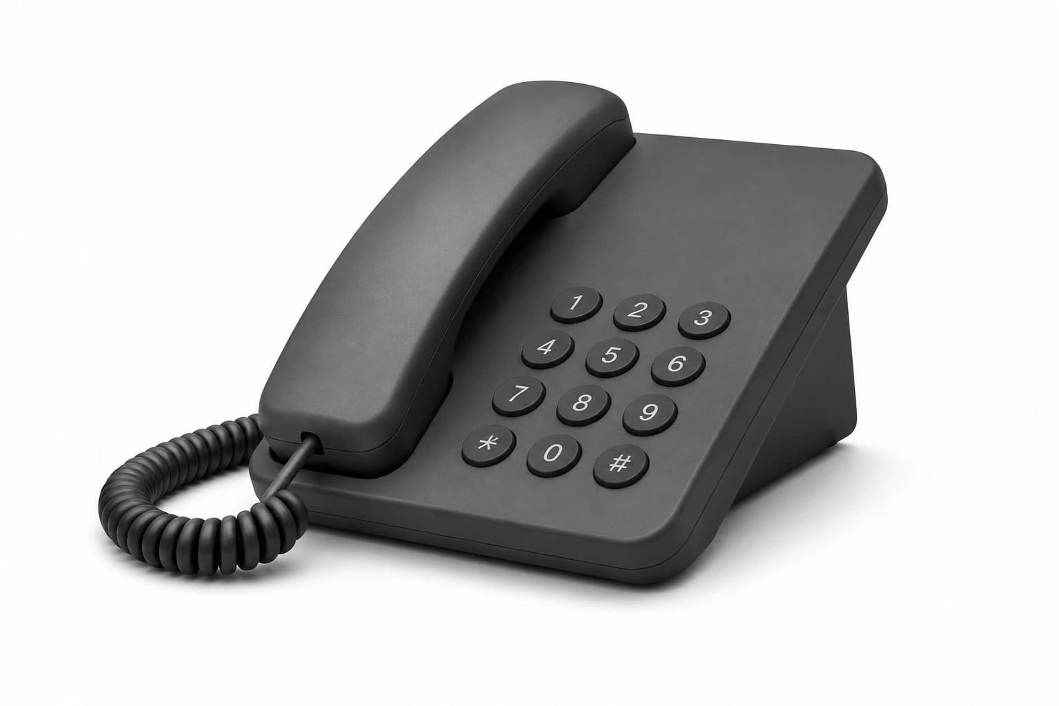 A floating matte black desk telephone on white, representing customer communications.