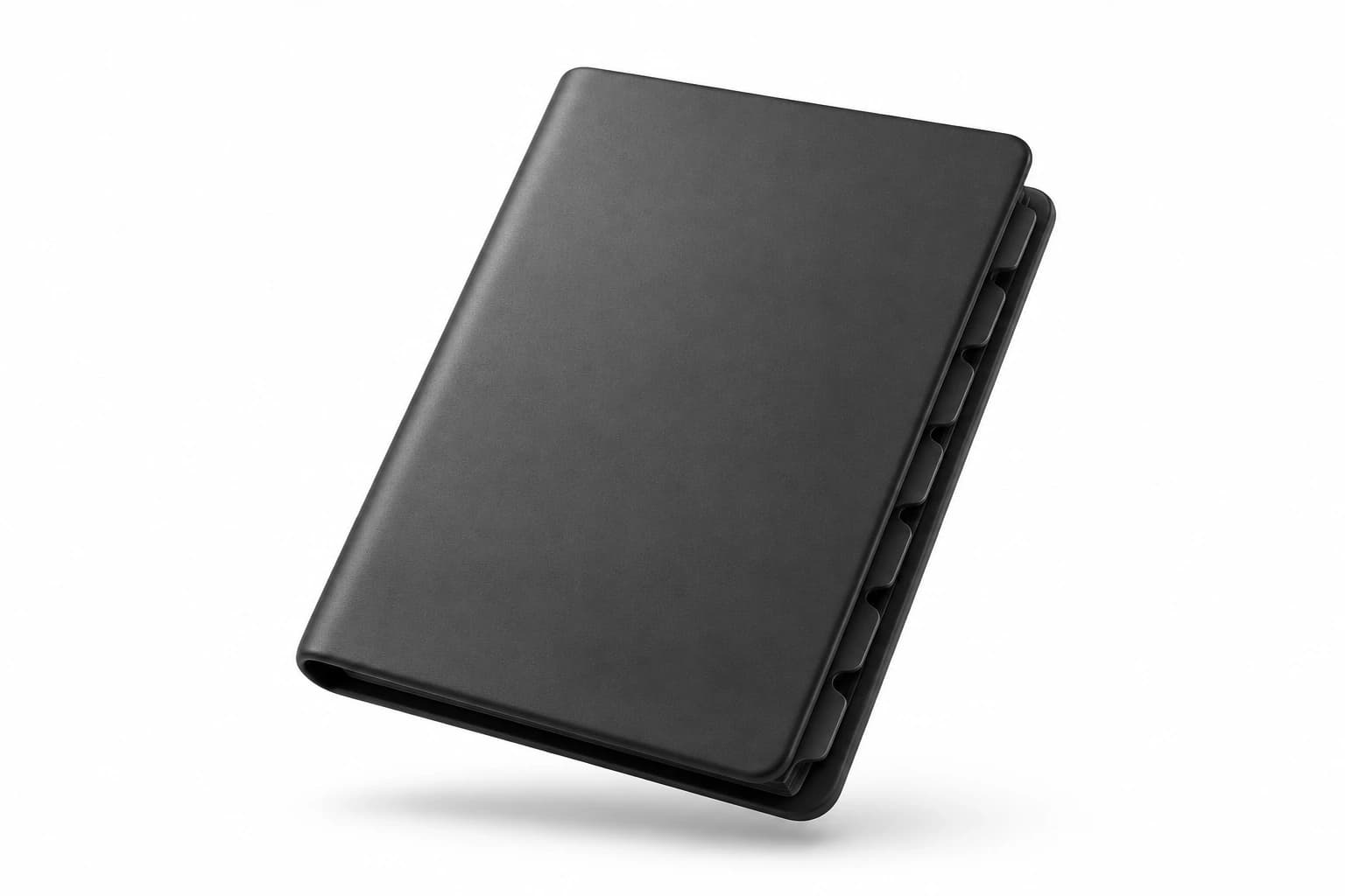 A floating matte black address book on white, representing customer relationships.